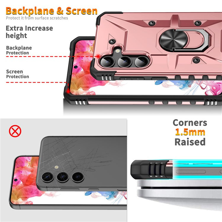 For Samsung Galaxy S25+ Case PC+ TPU Anti-Drop Phone Cover with Ring Kickstand - Rose Gold
