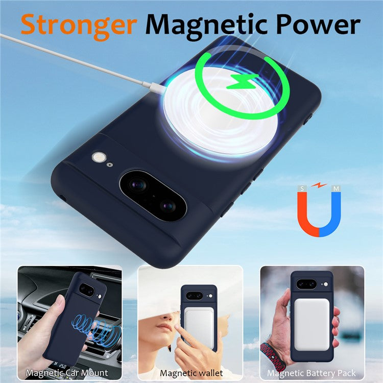 For Google Pixel 8 Case Compatible with MagSafe Liquid Silicone Phone Cover with Lanyard - Dark Blue