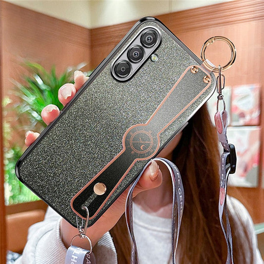 For Samsung Galaxy S25 Case Electroplated Glitter Hand Strap Kickstand TPU Back Cover with Shoulder Strap - Black