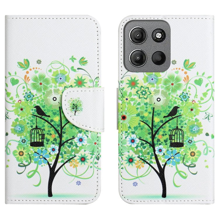 For Motorola Moto G15 4G  /  G15 Power 4G Case Pattern Printing Cross Texture Phone Leather Cover - Green Tree