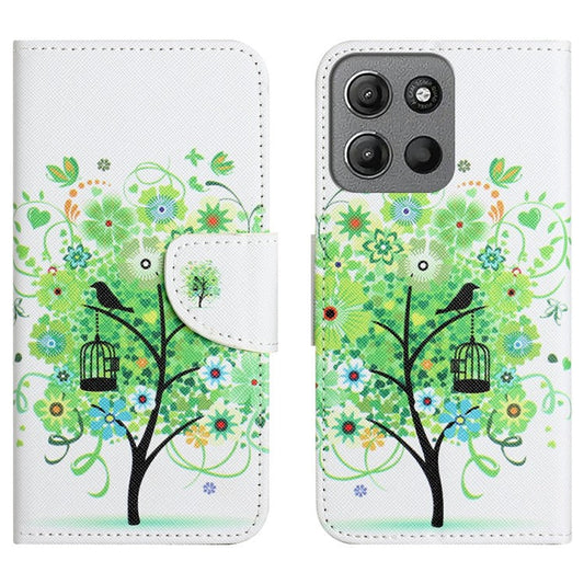 For Motorola Moto G15 4G  /  G15 Power 4G Case Pattern Printing Cross Texture Phone Leather Cover - Green Tree