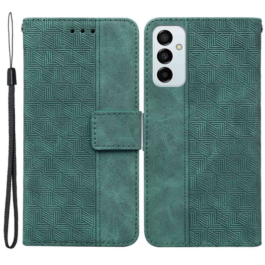 PU Leather Protective Shell for Samsung Galaxy M13 4G, Geometry Imprinted Shockproof Case Phone Stand Wallet Cover with Strap - Green