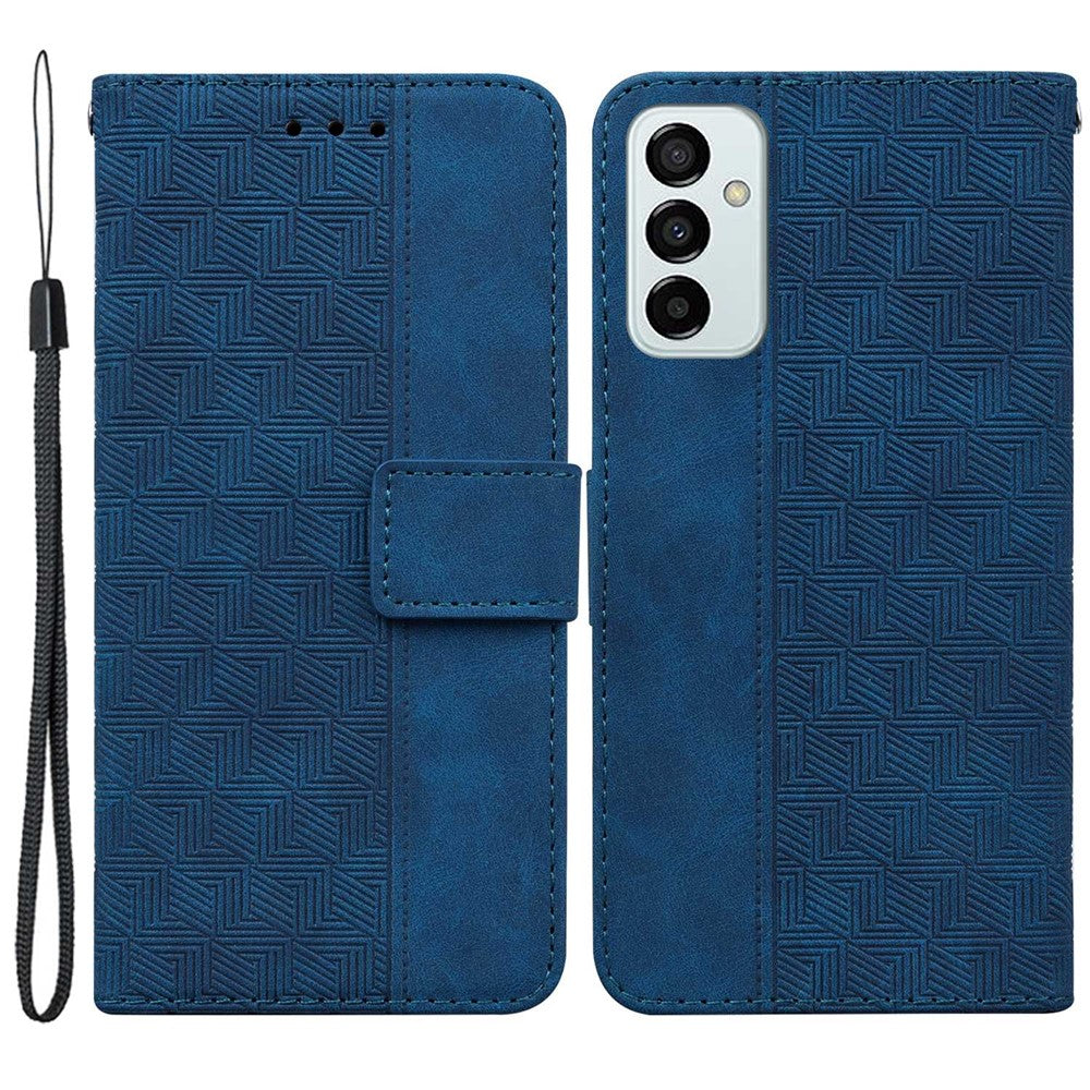 PU Leather Protective Shell for Samsung Galaxy M13 4G, Geometry Imprinted Shockproof Case Phone Stand Wallet Cover with Strap - Blue