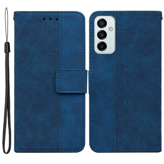 PU Leather Protective Shell for Samsung Galaxy M13 4G, Geometry Imprinted Shockproof Case Phone Stand Wallet Cover with Strap - Blue