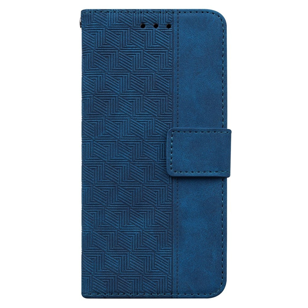 PU Leather Protective Shell for Samsung Galaxy M13 4G, Geometry Imprinted Shockproof Case Phone Stand Wallet Cover with Strap - Blue