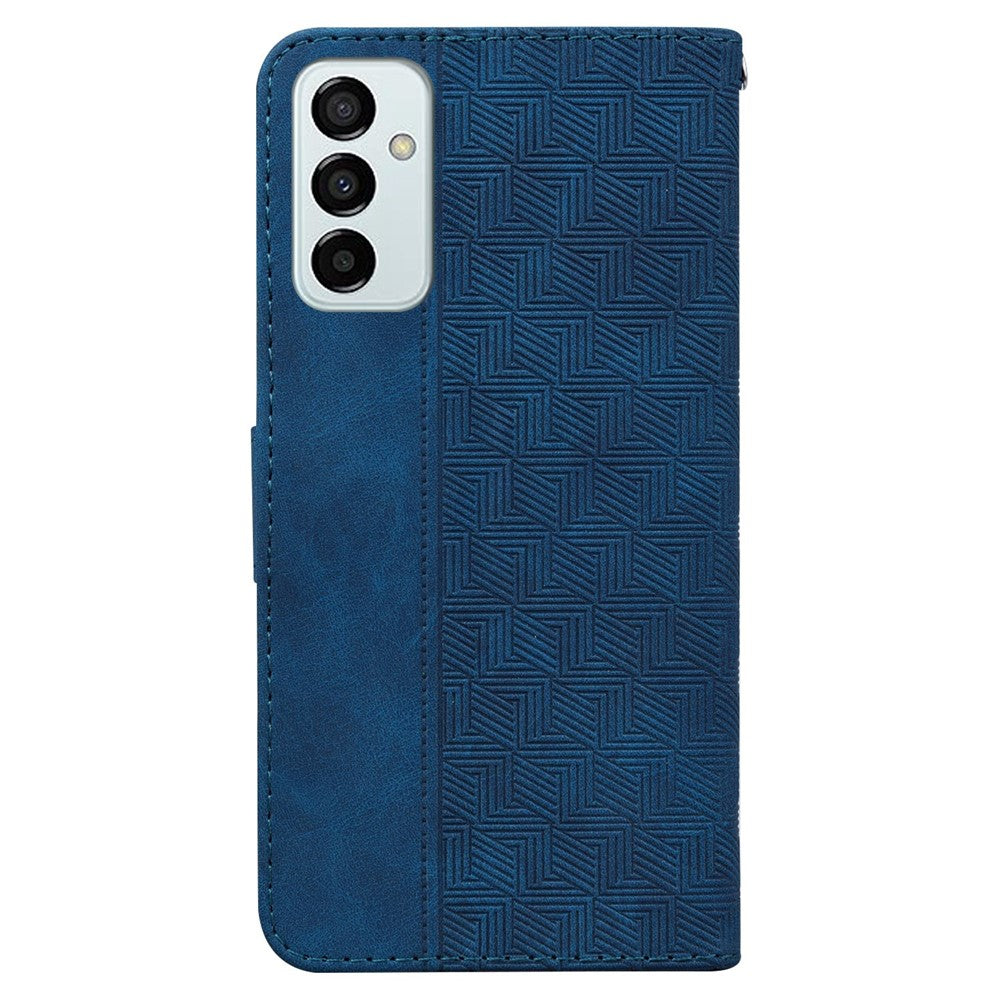 PU Leather Protective Shell for Samsung Galaxy M13 4G, Geometry Imprinted Shockproof Case Phone Stand Wallet Cover with Strap - Blue