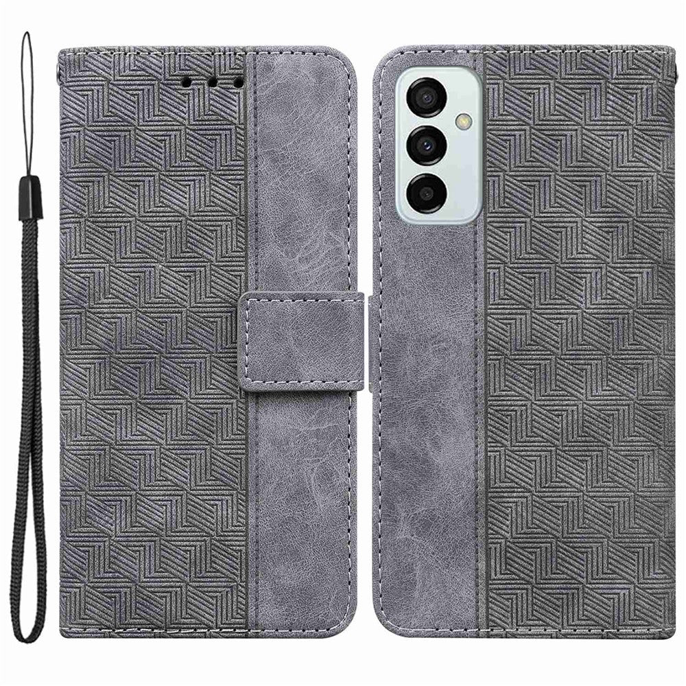 PU Leather Protective Shell for Samsung Galaxy M13 4G, Geometry Imprinted Shockproof Case Phone Stand Wallet Cover with Strap - Grey