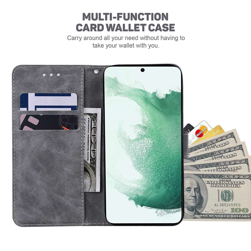 PU Leather Protective Shell for Samsung Galaxy M13 4G, Geometry Imprinted Shockproof Case Phone Stand Wallet Cover with Strap - Grey