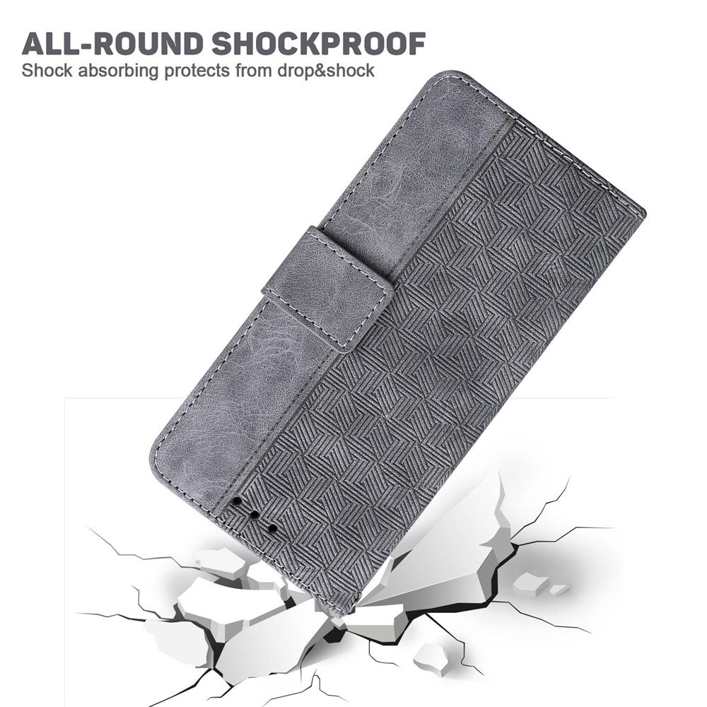 PU Leather Protective Shell for Samsung Galaxy M13 4G, Geometry Imprinted Shockproof Case Phone Stand Wallet Cover with Strap - Grey
