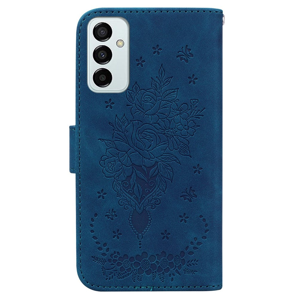 PU Leather Phone Case for Samsung Galaxy M13 4G, Rose Butterfly Imprinted Protective Cover Flip Folio Stand Wallet Shell with Strap - Blue