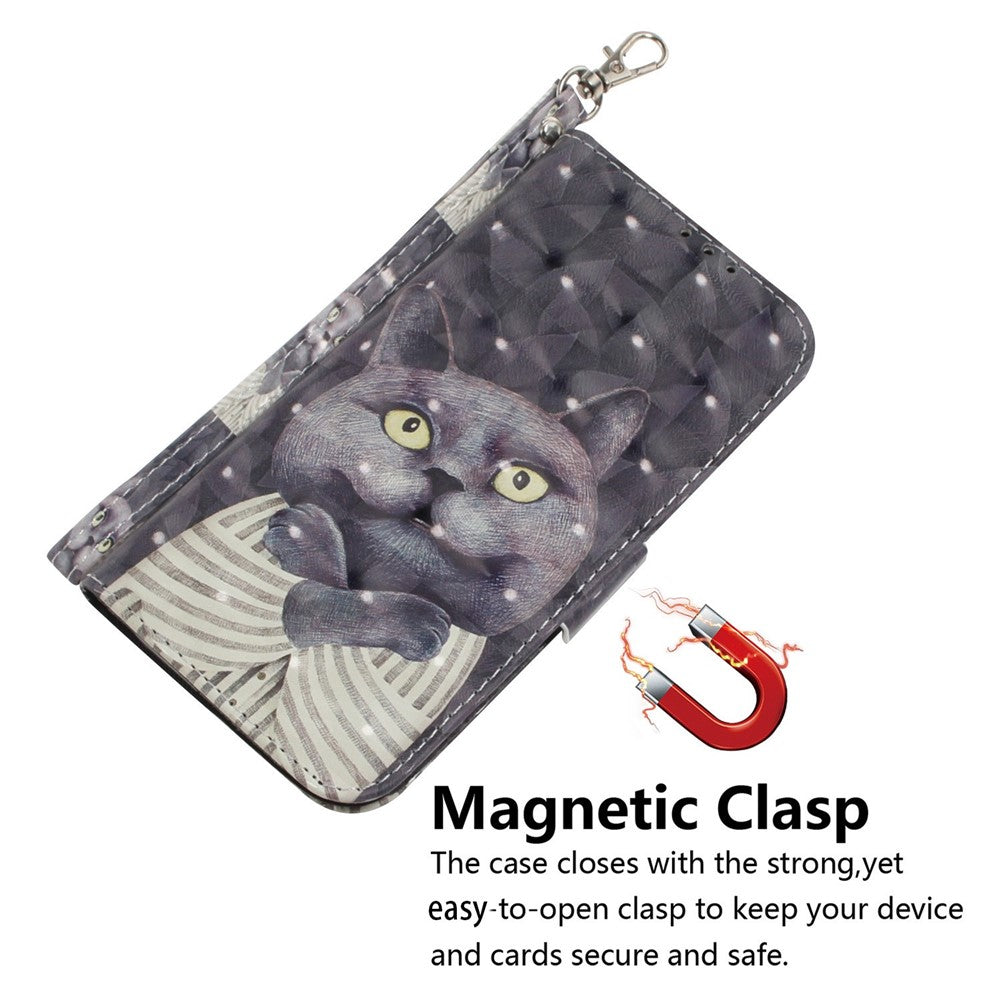 For Samsung Galaxy M13 4G PU Leather Phone Foldable Stand Wallet Case 3D Pattern Printing Protective Cover with Strap - Embracing Cat