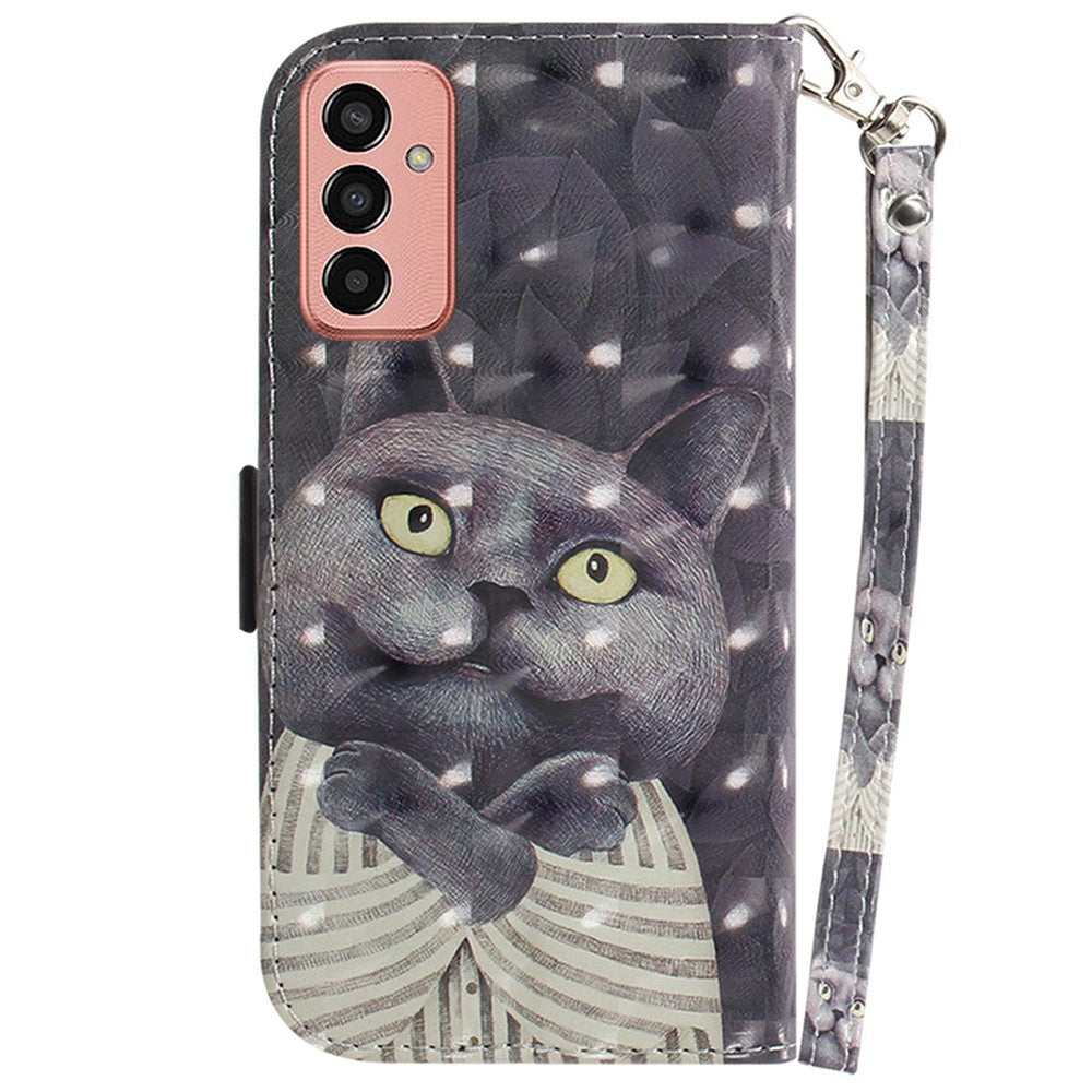 For Samsung Galaxy M13 4G PU Leather Phone Foldable Stand Wallet Case 3D Pattern Printing Protective Cover with Strap - Embracing Cat