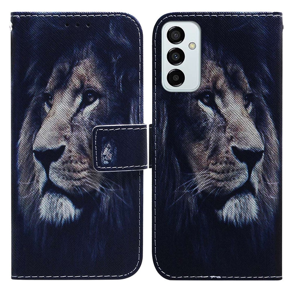 Leather Protective Case for Samsung Galaxy M13 4G, Stylish Pattern Printing Phone Cover Foldable Stand Wallet Shell - Lion