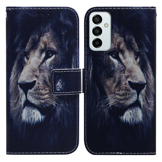 Leather Protective Case for Samsung Galaxy M13 4G, Stylish Pattern Printing Phone Cover Foldable Stand Wallet Shell - Lion