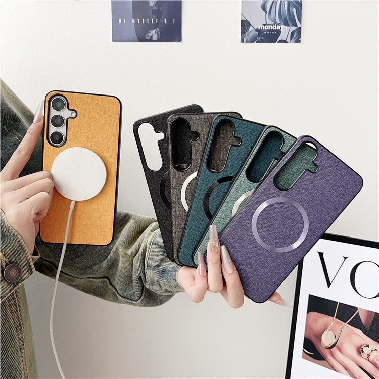 For Samsung Galaxy S25 Case Drop-Proof TPU + Cloth Back Phone Cover Compatible with MagSafe - Dark Green