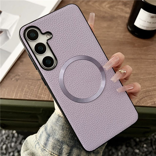 For Samsung Galaxy S25 Case Compatible with MagSafe PU Leather + TPU Phone Back Cover - Purple