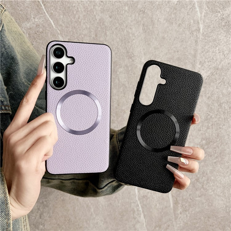 For Samsung Galaxy S25 Case Compatible with MagSafe PU Leather + TPU Phone Back Cover - Purple