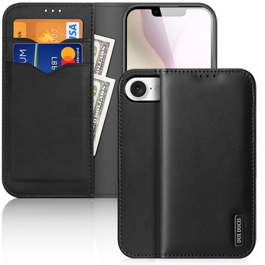 For iPhone 16e Case DUX DUCIS Hivo Series Cowhide Leather RFID Blocking Wallet Stand Flip Phone Cover - Black