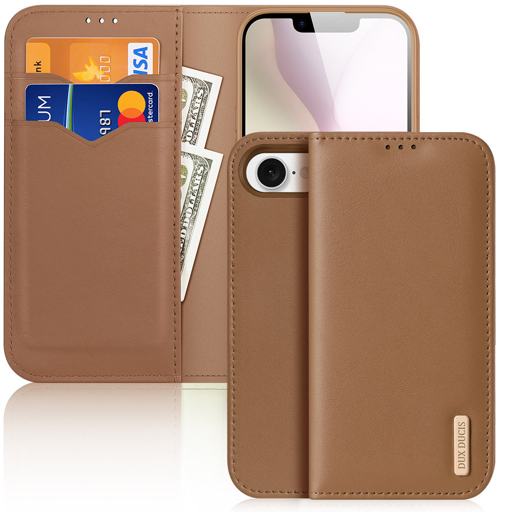 For iPhone 16e Case DUX DUCIS Hivo Series Cowhide Leather RFID Blocking Wallet Stand Flip Phone Cover - Brown