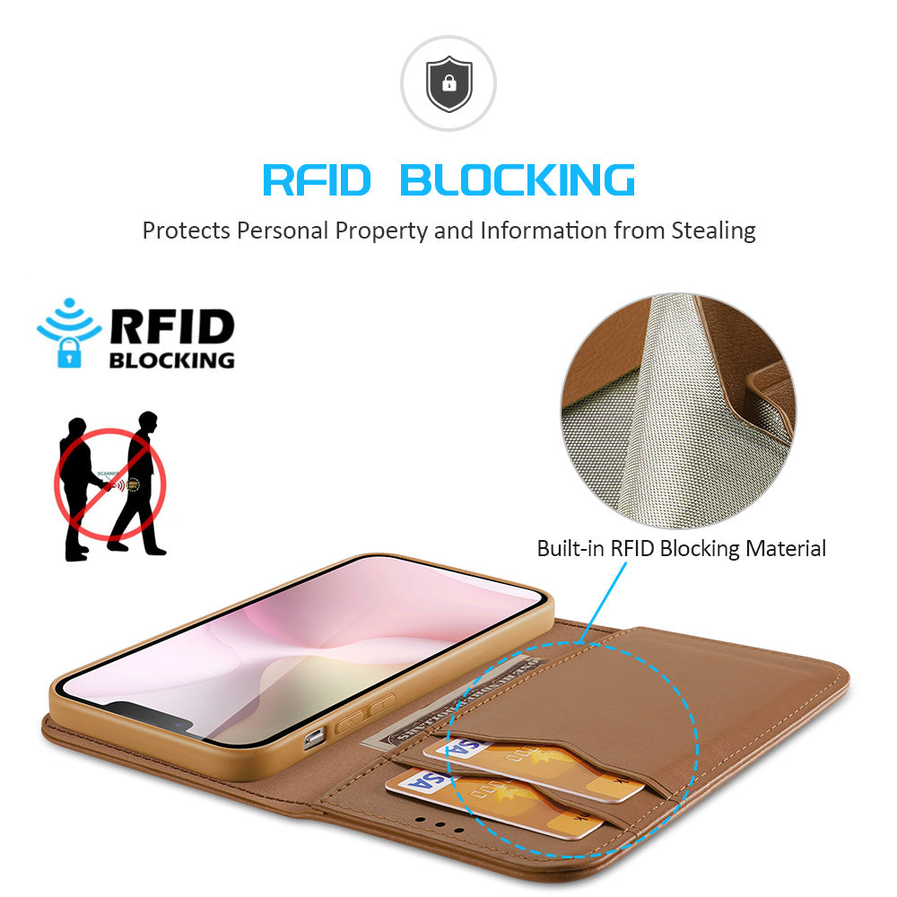 For iPhone 16e Case DUX DUCIS Hivo Series Cowhide Leather RFID Blocking Wallet Stand Flip Phone Cover - Brown