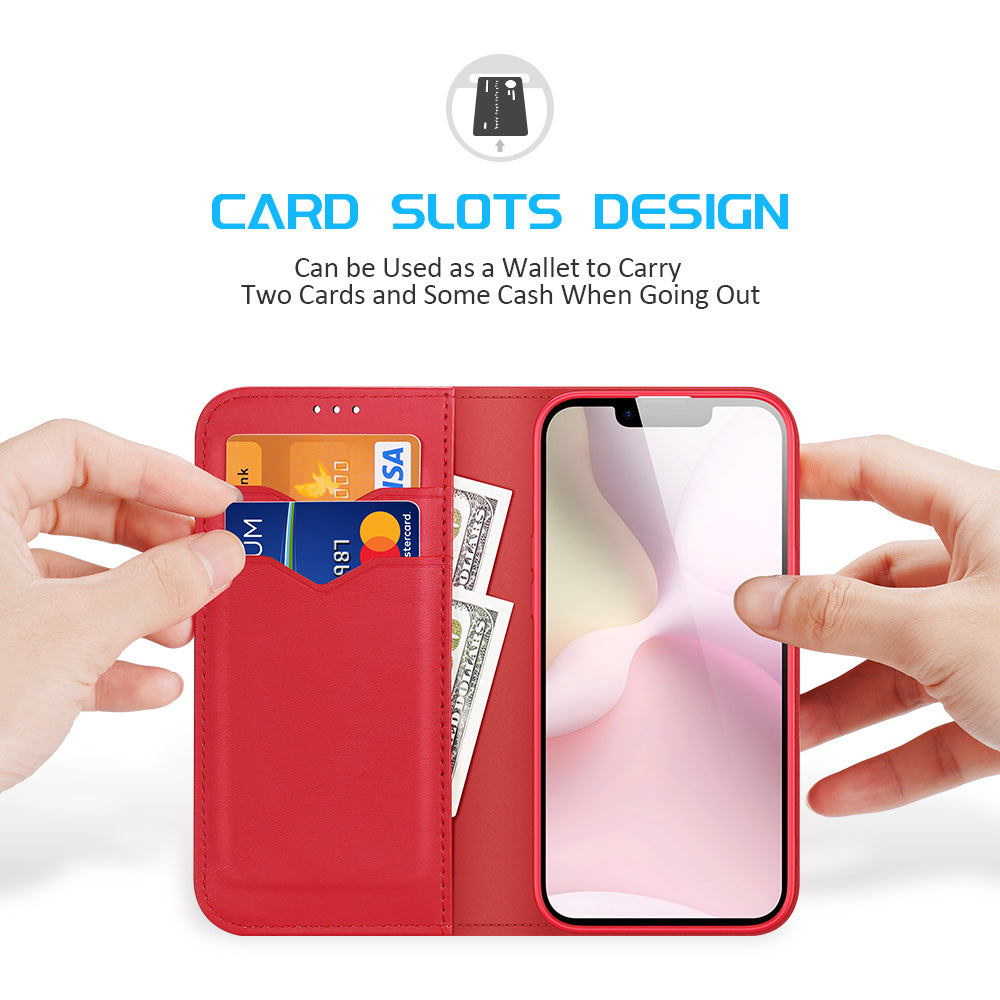 For iPhone 16e Case DUX DUCIS Hivo Series Cowhide Leather RFID Blocking Wallet Stand Flip Phone Cover - Red