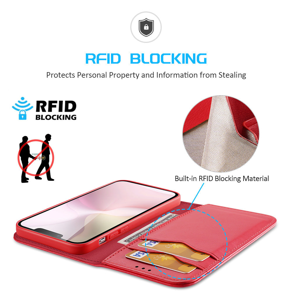 For iPhone 16e Case DUX DUCIS Hivo Series Cowhide Leather RFID Blocking Wallet Stand Flip Phone Cover - Red