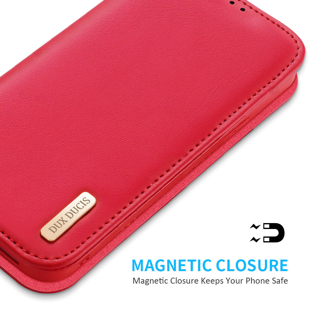 For iPhone SE (2025) Case DUX DUCIS Hivo Series Cowhide Leather RFID Blocking Wallet Stand Flip Phone Cover - Red