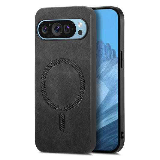 For Google Pixel 9 Pro / Google Pixel 9 Leather Back Case Compatible with MagSafe Skin-touch Phone Cover - Black