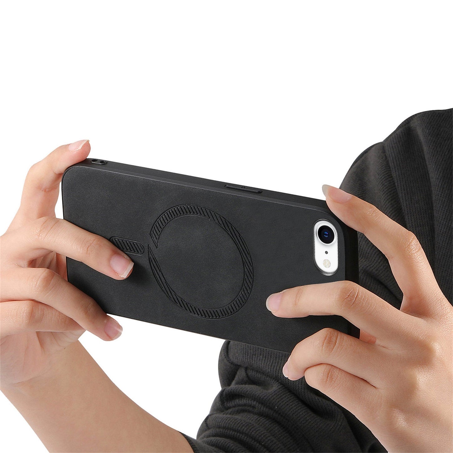 For iPhone 16e Leather Back Case Compatible with MagSafe Skin-Touch Phone Cover - Black