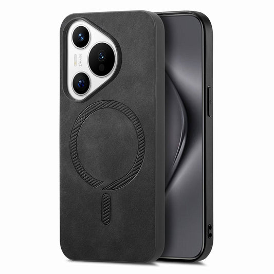For Huawei Pura 70 Leather Back Case Compatible with MagSafe Skin-touch Phone Cover - Black