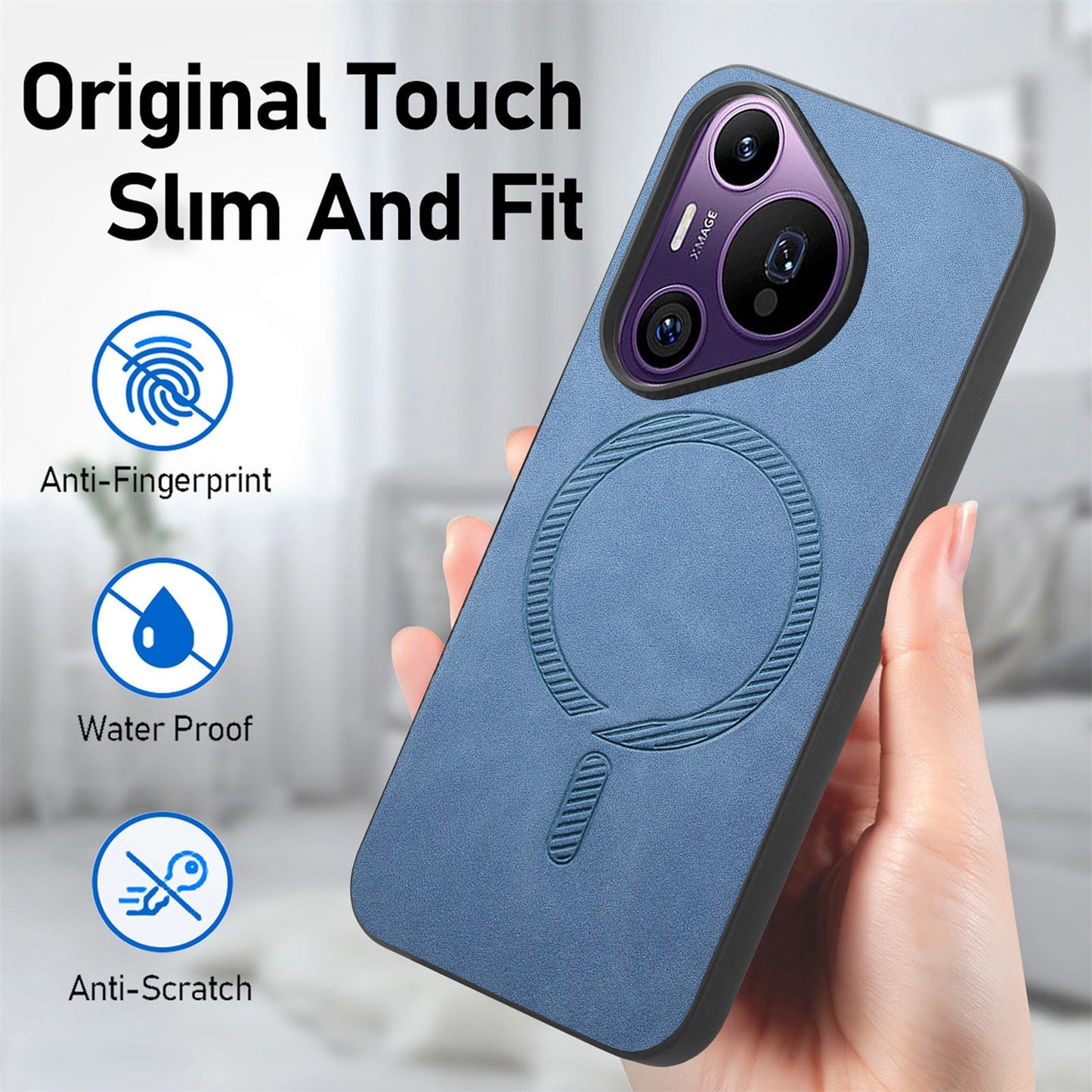 For Huawei Pura 70 Pro Leather Back Case Compatible with MagSafe Skin-touch Phone Cover - Blue