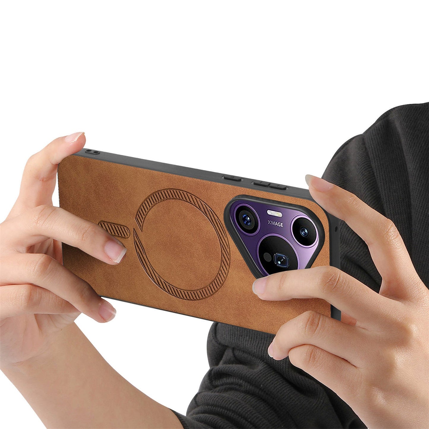 For Huawei Pura 70 Pro Leather Back Case Compatible with MagSafe Skin-touch Phone Cover - Brown