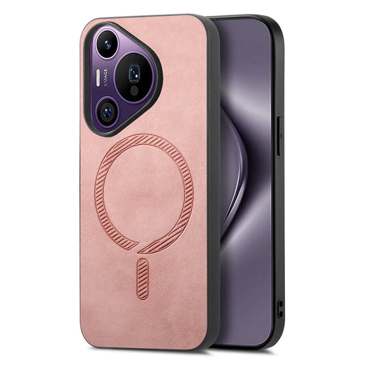 For Huawei Pura 70 Pro Leather Back Case Compatible with MagSafe Skin-touch Phone Cover - Pink