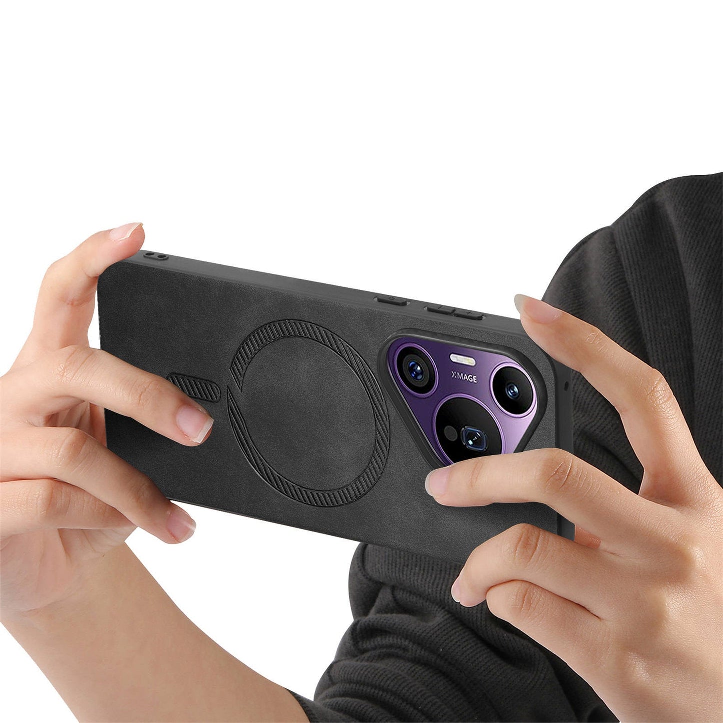 For Huawei Pura 70 Pro Leather Back Case Compatible with MagSafe Skin-touch Phone Cover - Black