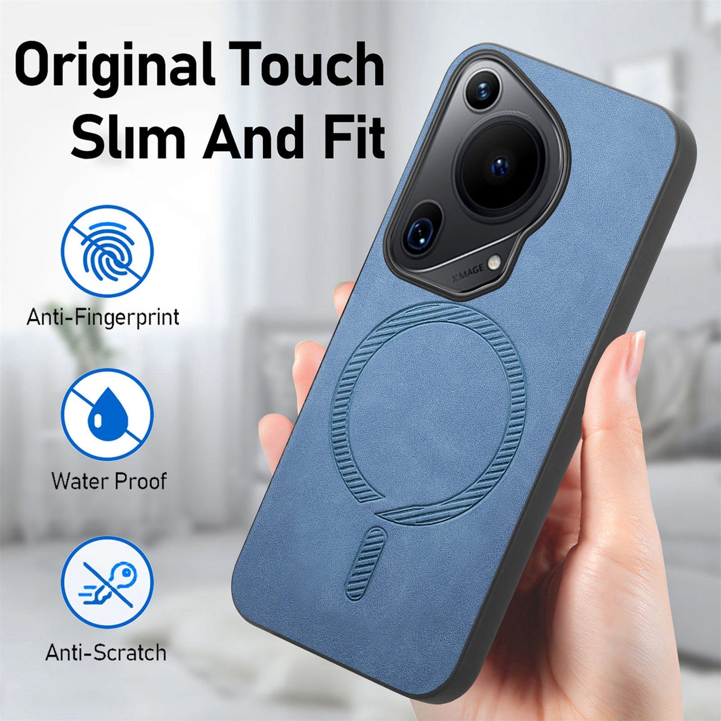 For Huawei Pura 70 Ultra Leather Back Case Compatible with MagSafe Skin-touch Phone Cover - Blue