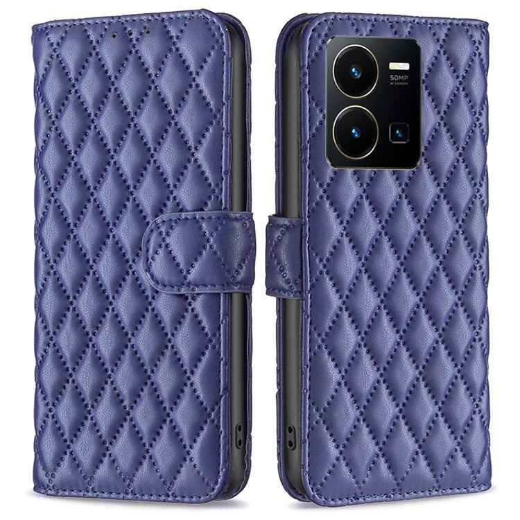 BINFEN COLOR BF Style-14 for vivo Y35 4G (2022) / Y22 4G Imprinted Rhombus Pattern Phone Case PU Leather Magnetic Closure Stand Wallet Cover - Blue