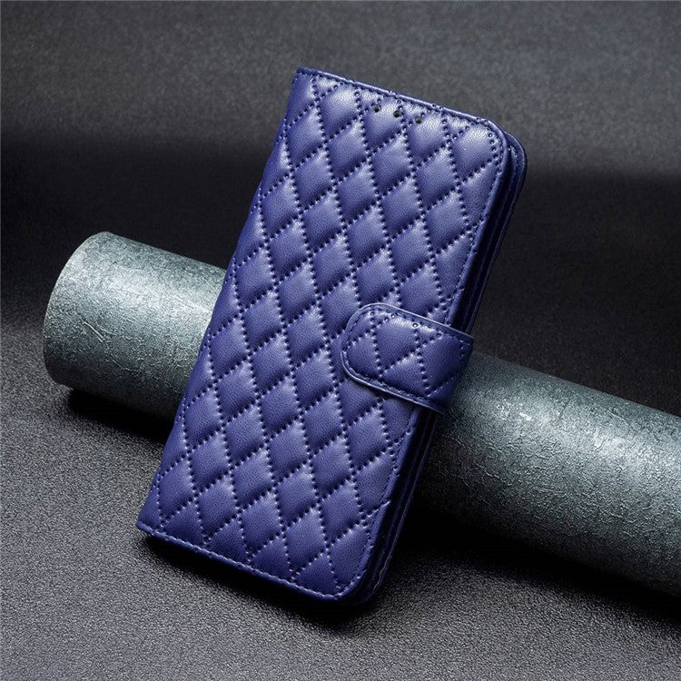 BINFEN COLOR BF Style-14 for vivo Y35 4G (2022) / Y22 4G Imprinted Rhombus Pattern Phone Case PU Leather Magnetic Closure Stand Wallet Cover - Blue
