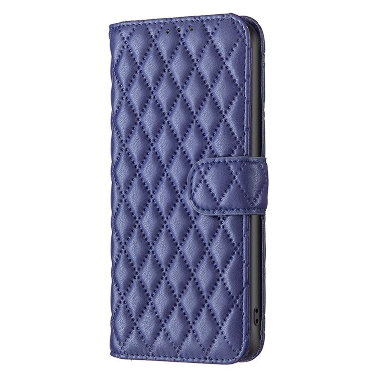 BINFEN COLOR BF Style-14 for vivo Y35 4G (2022) / Y22 4G Imprinted Rhombus Pattern Phone Case PU Leather Magnetic Closure Stand Wallet Cover - Blue