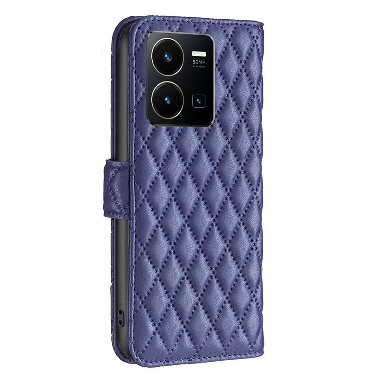 BINFEN COLOR BF Style-14 for vivo Y35 4G (2022) / Y22 4G Imprinted Rhombus Pattern Phone Case PU Leather Magnetic Closure Stand Wallet Cover - Blue