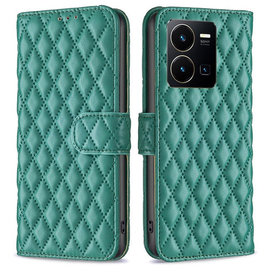 BINFEN COLOR BF Style-14 for vivo Y35 4G (2022) / Y22 4G Imprinted Rhombus Pattern Phone Case PU Leather Magnetic Closure Stand Wallet Cover - Green