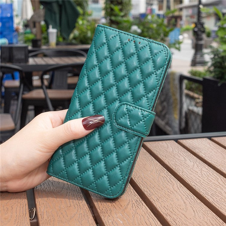 BINFEN COLOR BF Style-14 for vivo Y35 4G (2022) / Y22 4G Imprinted Rhombus Pattern Phone Case PU Leather Magnetic Closure Stand Wallet Cover - Green