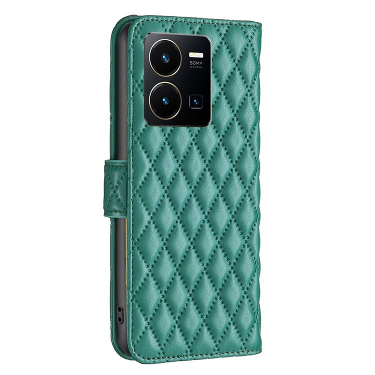 BINFEN COLOR BF Style-14 for vivo Y35 4G (2022) / Y22 4G Imprinted Rhombus Pattern Phone Case PU Leather Magnetic Closure Stand Wallet Cover - Green