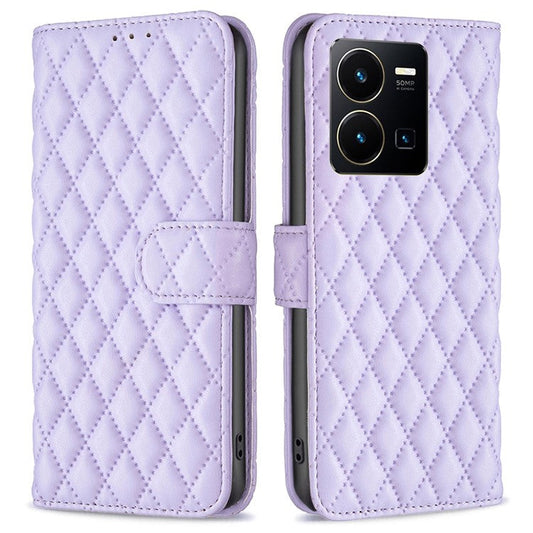 BINFEN COLOR BF Style-14 for vivo Y35 4G (2022) / Y22 4G Imprinted Rhombus Pattern Phone Case PU Leather Magnetic Closure Stand Wallet Cover - Purple