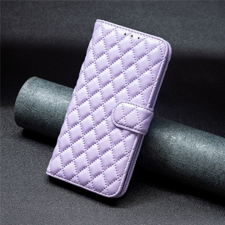 BINFEN COLOR BF Style-14 for vivo Y35 4G (2022) / Y22 4G Imprinted Rhombus Pattern Phone Case PU Leather Magnetic Closure Stand Wallet Cover - Purple