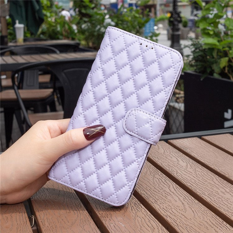 BINFEN COLOR BF Style-14 for vivo Y35 4G (2022) / Y22 4G Imprinted Rhombus Pattern Phone Case PU Leather Magnetic Closure Stand Wallet Cover - Purple