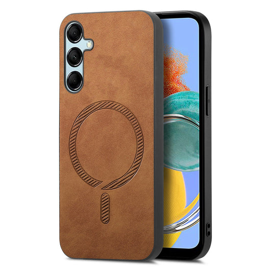 For Samsung Galaxy M14 5G Leather Back Case Compatible with MagSafe Skin-touch Phone Cover - Brown