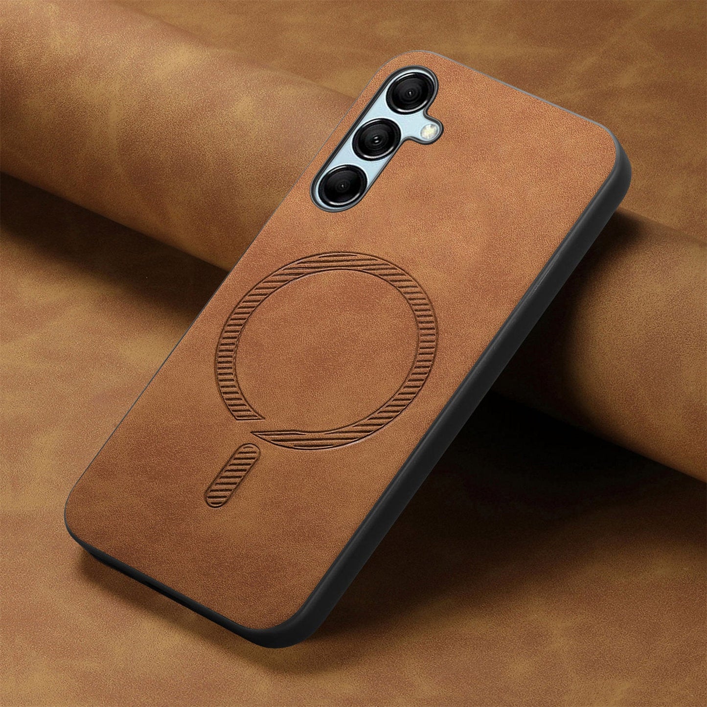 For Samsung Galaxy M14 5G Leather Back Case Compatible with MagSafe Skin-touch Phone Cover - Brown