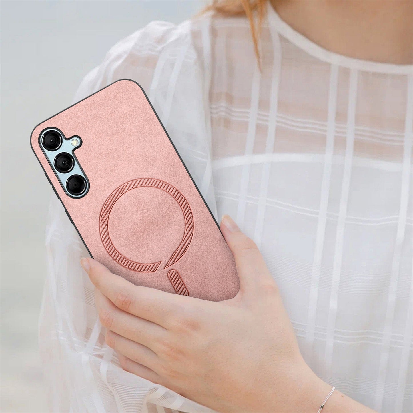 For Samsung Galaxy M14 5G Leather Back Case Compatible with MagSafe Skin-touch Phone Cover - Pink