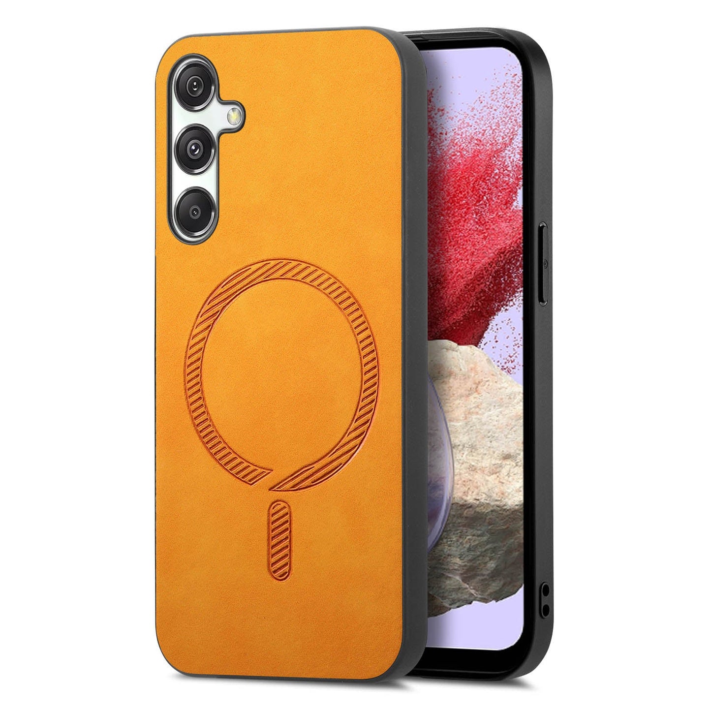 For Samsung Galaxy M34 5G Leather Back Case Compatible with MagSafe Skin-touch Phone Cover - Yellow
