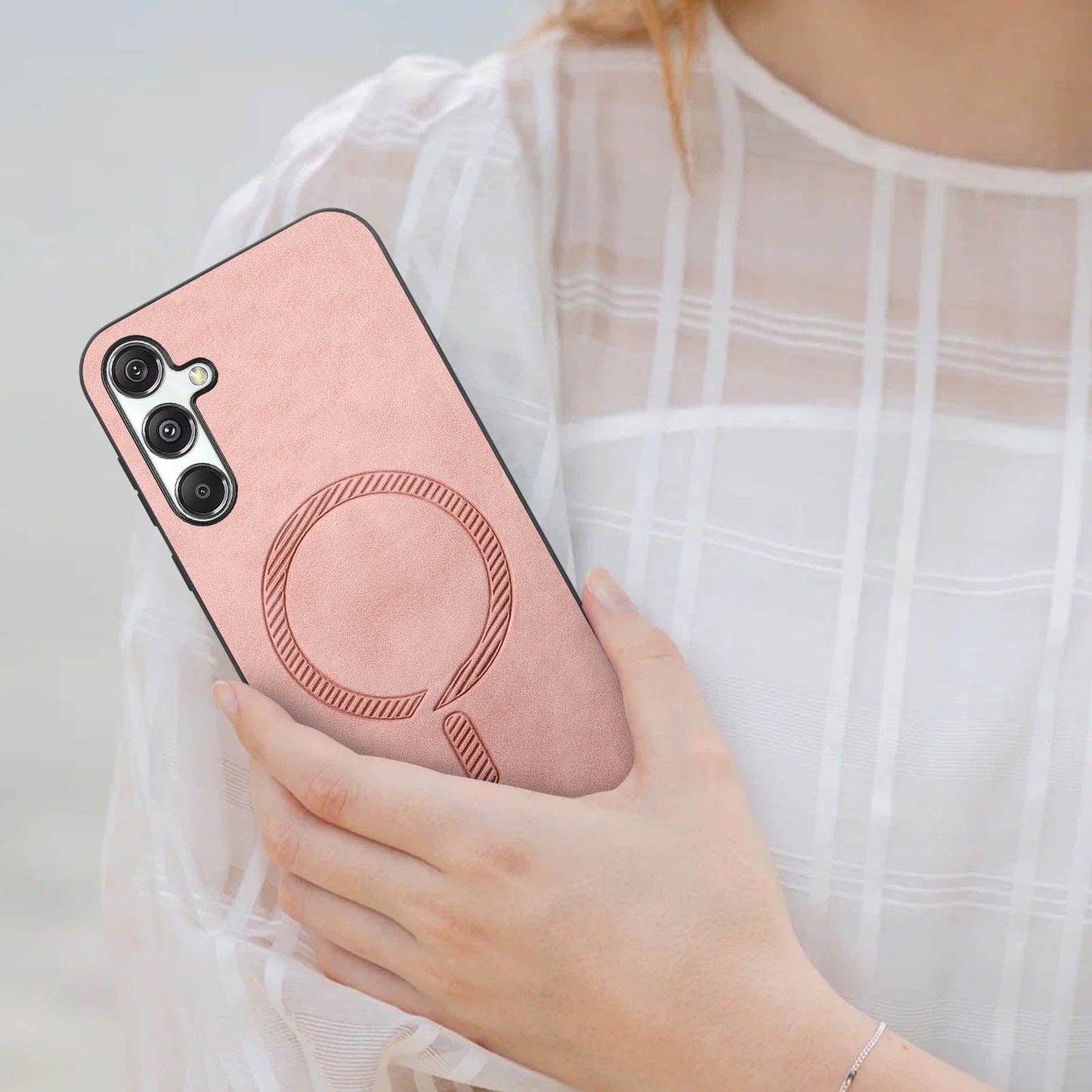 For Samsung Galaxy M34 5G Leather Back Case Compatible with MagSafe Skin-touch Phone Cover - Pink